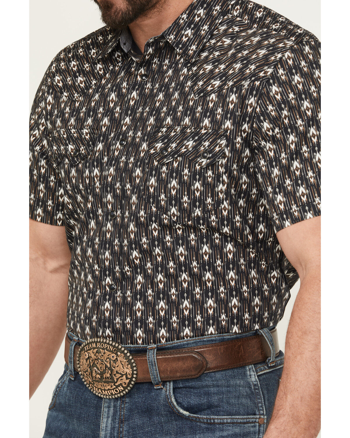 Image #3 - Cody James Men's Alpine Southwestern Stripe Print Short Sleeve Snap Western Shirt, Navy, hi-res