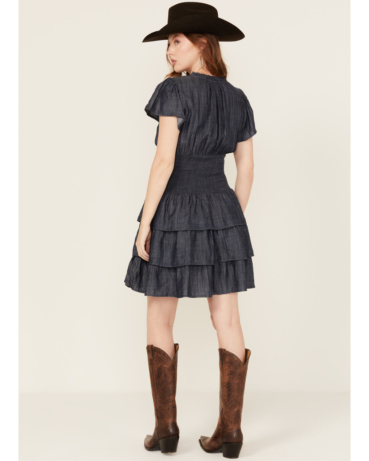 Image #4 - Ariat Women's Stellar Tiered Short Sleeve Mini Denim Dress, Navy, hi-res