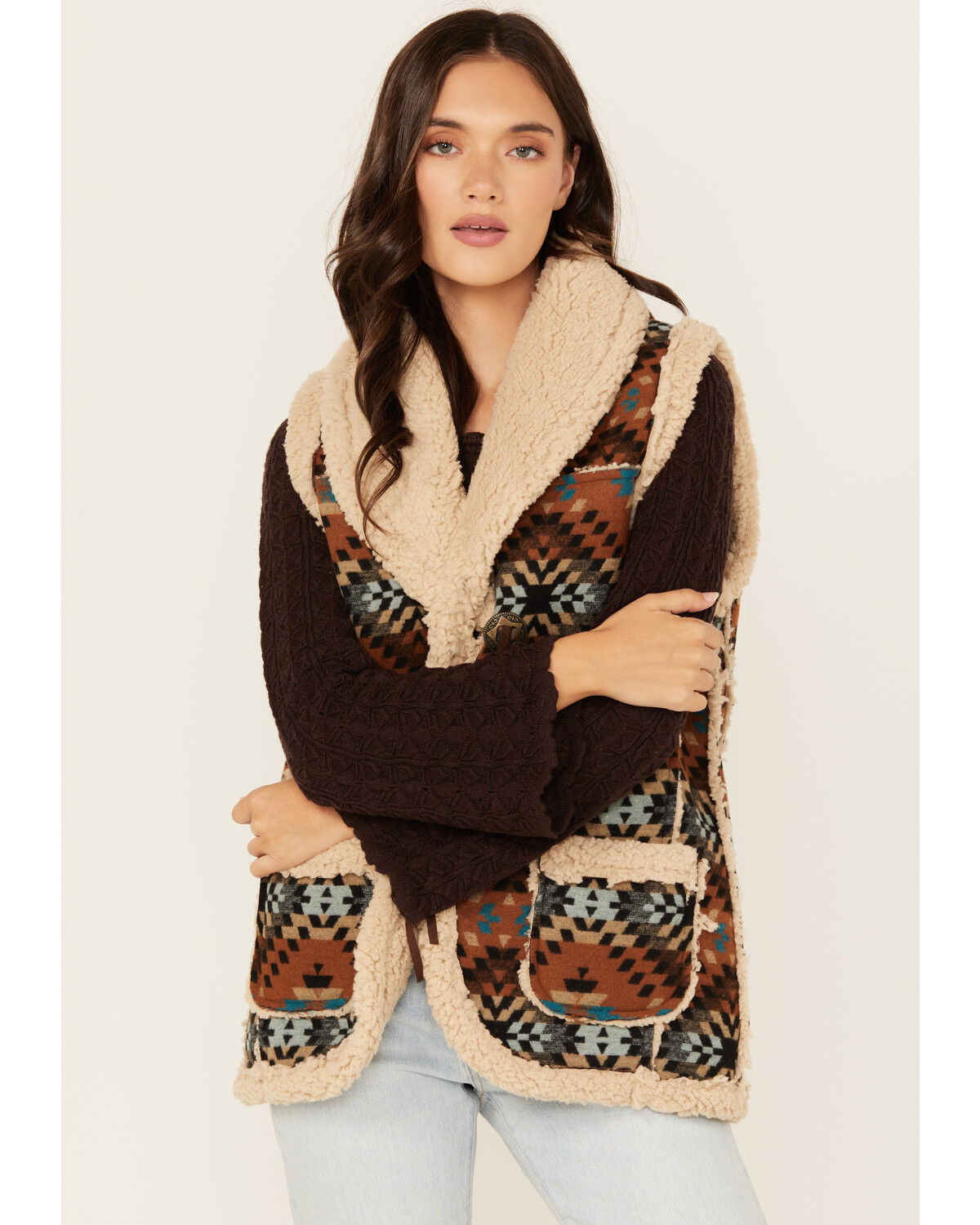 Image #1 - Cotton & Rye Women's Southwestern Print Sherpa Lined Vest, Rust, hi-res