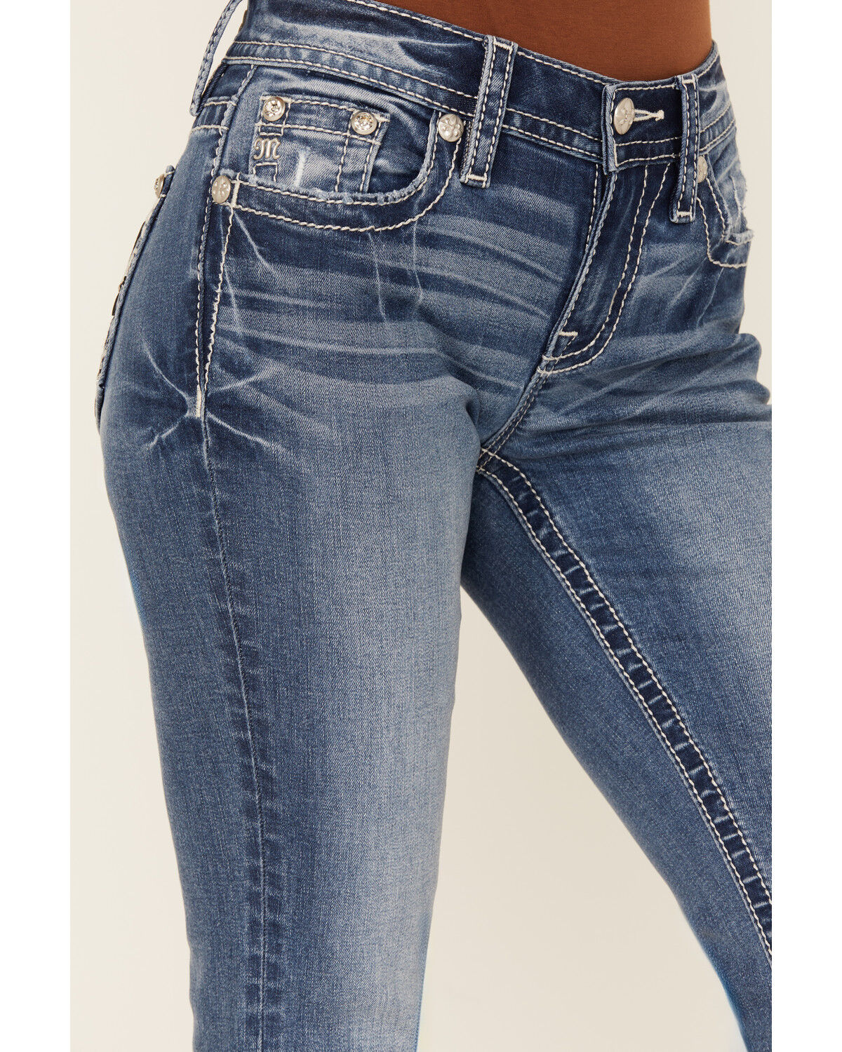 Image #4 - Miss Me Women's Medium Wash Mid Rise Fleur de Lis Pocket Bootcut Stretch Denim Jeans, Medium Wash, hi-res