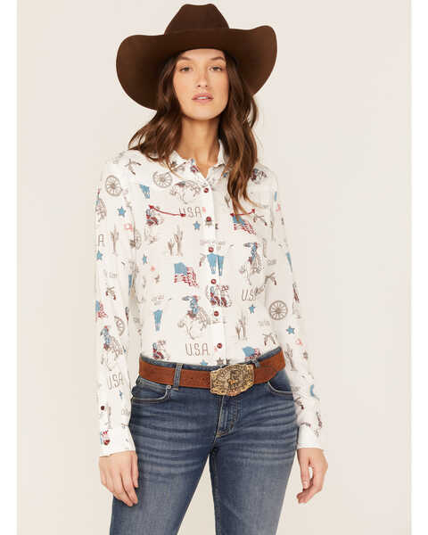 Cruel Girl Women's Wild West Print Long Sleeve Snap Western Shirt , White, hi-res