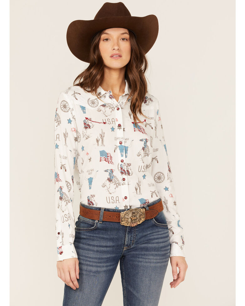 Cruel Girl Women's Wild West Print Long Sleeve Snap Western Shirt , White, hi-res