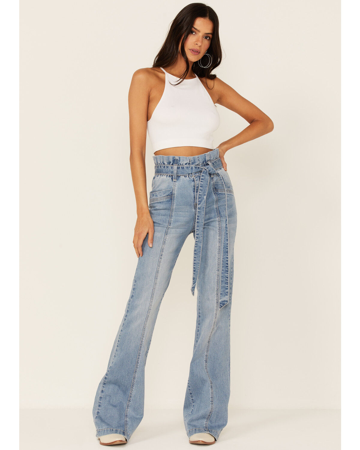 Image #1 - Flying Tomato Women's Light Wash Vintage High Rise Paperbag Tie Waist Jeans, , hi-res
