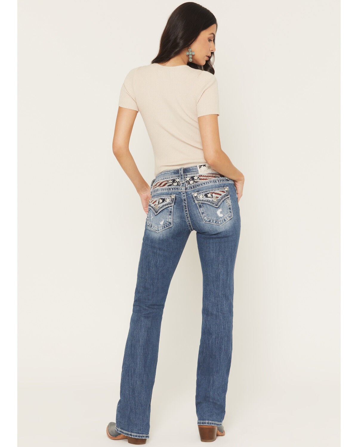 Miss Me Women's Medium Wash Mid Rise Americana Pocket 34" Bootcut Stretch Denim Jeans, Medium Wash, hi-res