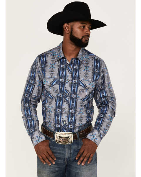 Image #1 - Rock & Roll Denim Men's Vertical Southwestern Stripe Long Sleeve Snap Western Shirt , Blue, hi-res