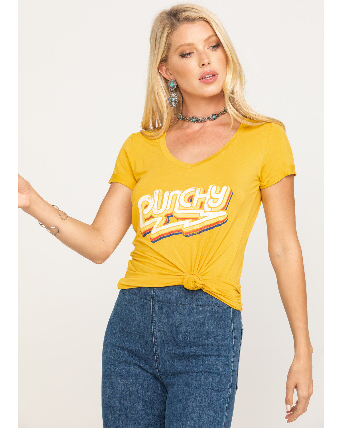 Image #1 - Rock & Roll Denim Women's V-Neck Punchy Graphic Tee, Dark Yellow, hi-res