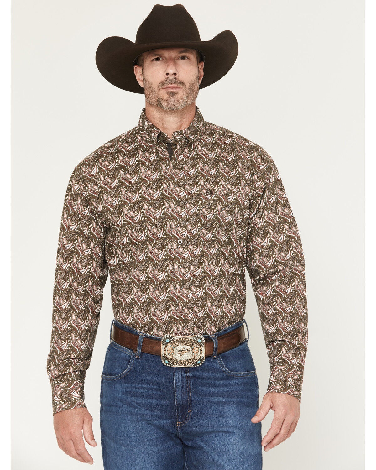 George Strait by Wrangler Men's Paisley Print Long Sleeve Button-Down Stretch Western Shirt, Brown, hi-res
