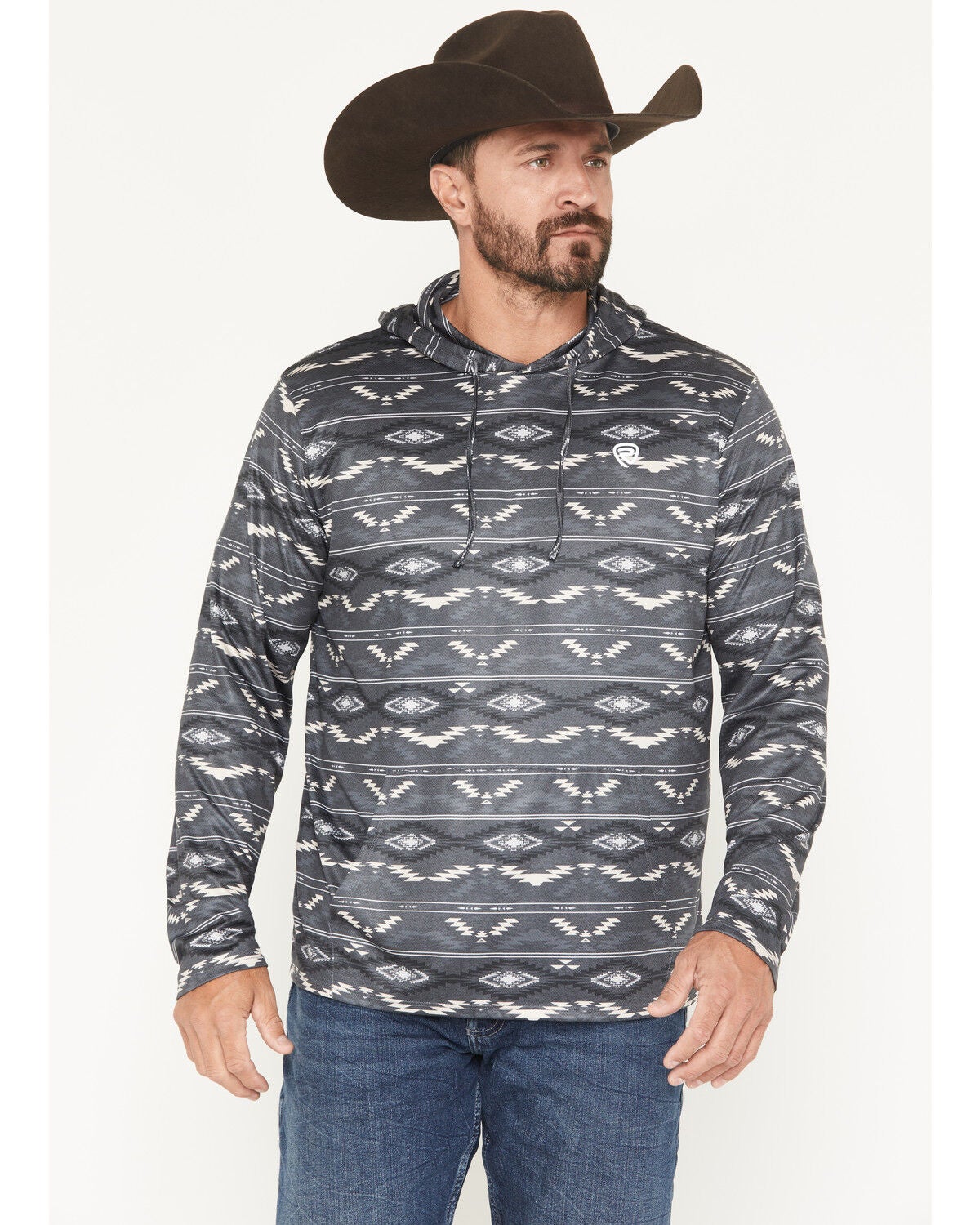 Image #1 - Rock & Roll Denim Men's Southwestern Striped Performance Hooded Sweatshirt, Charcoal, hi-res