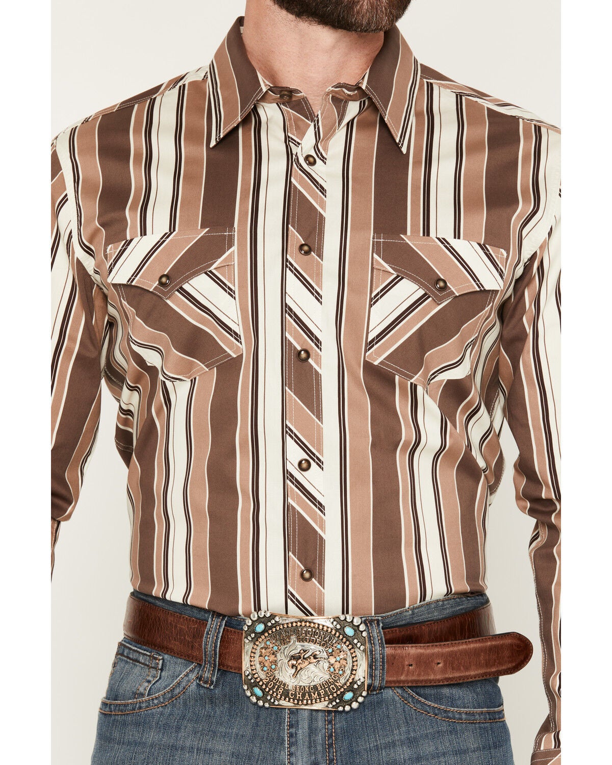 Image #3 - Rock & Roll Denim Men's Striped Long Sleeve Snap Stretch Western Shirt, Brown, hi-res