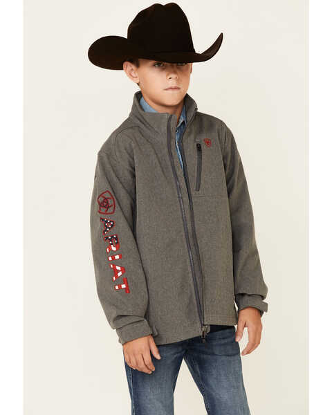 Image #1 - Ariat Boys' Americana Logo 2.0 Zip-Front Softshell Jacket , Charcoal, hi-res
