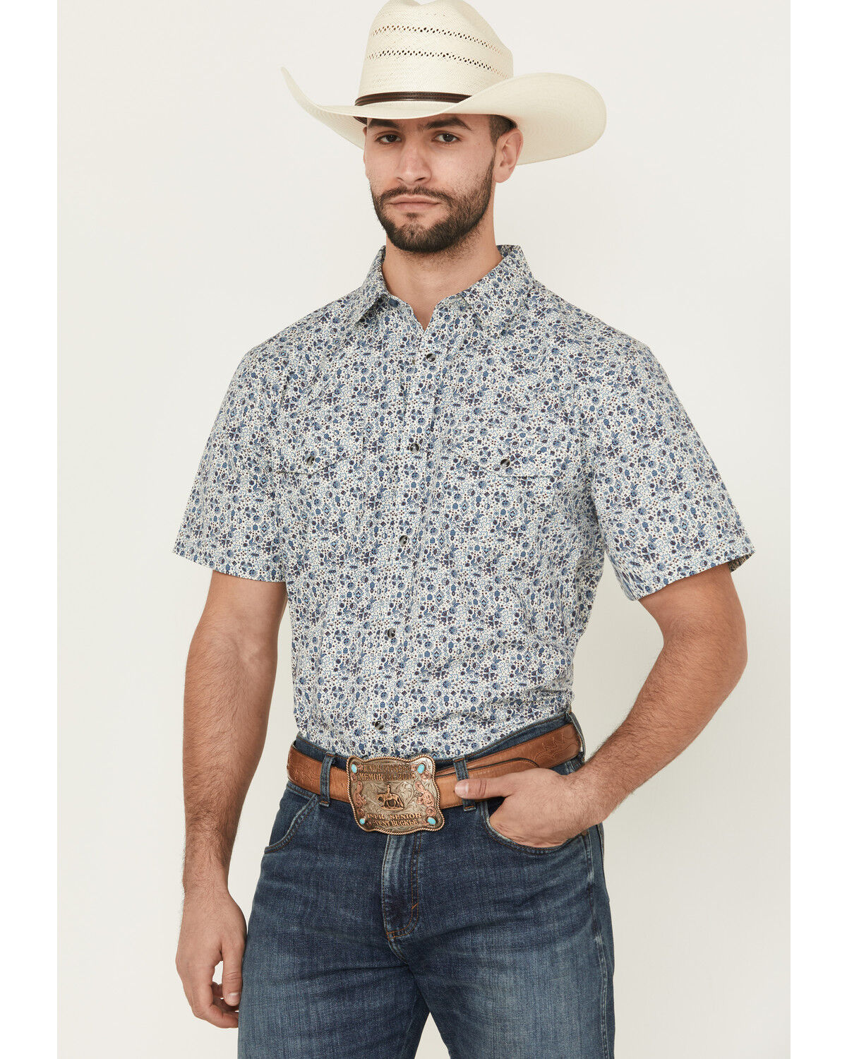 Image #1 - Gibson Trading Co Men's Fan Favorite Floral Print Short Sleeve Snap Western Shirt, Ivory, hi-res