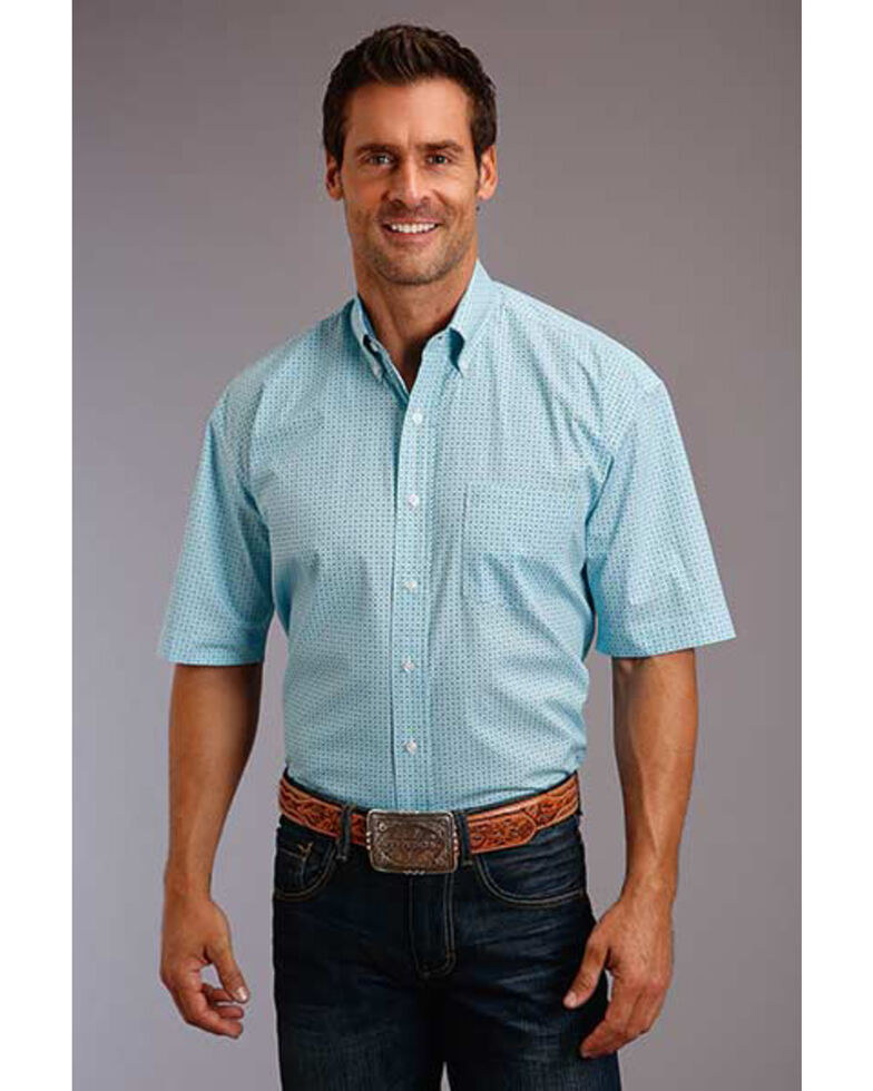 Stetson Men’s Lattice Geo Print Short Sleeve Western Shirt , Blue, hi-res