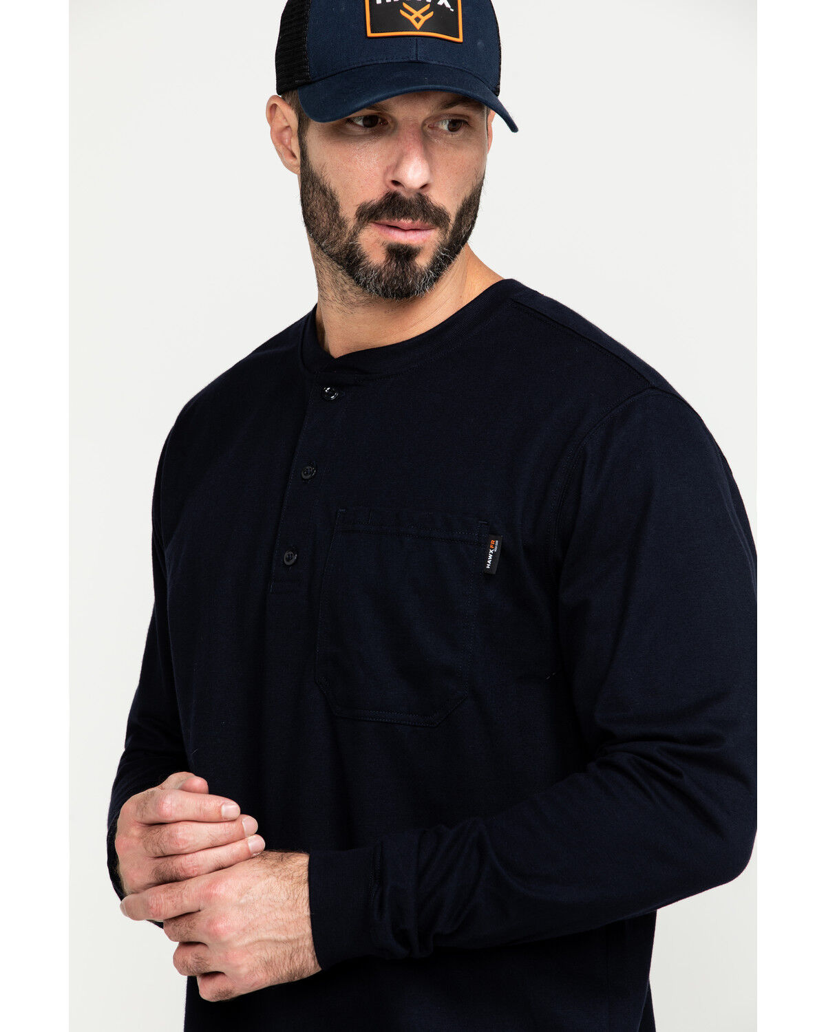 Image #5 - Hawx Men's FR Solid Long Sleeve Pocket Henley Work Shirt - Big, Navy, hi-res