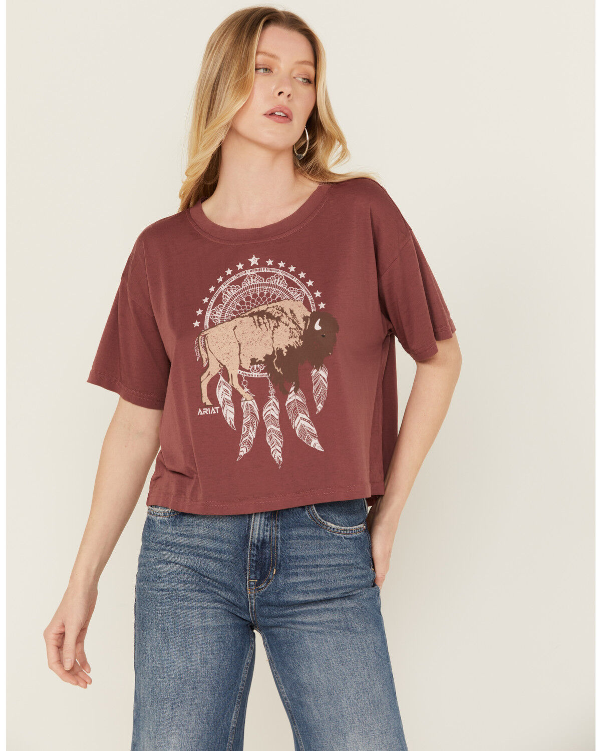 Image #1 - Ariat Women's Buffalo Short Sleeve Cropped Graphic Tee, Rust Copper, hi-res