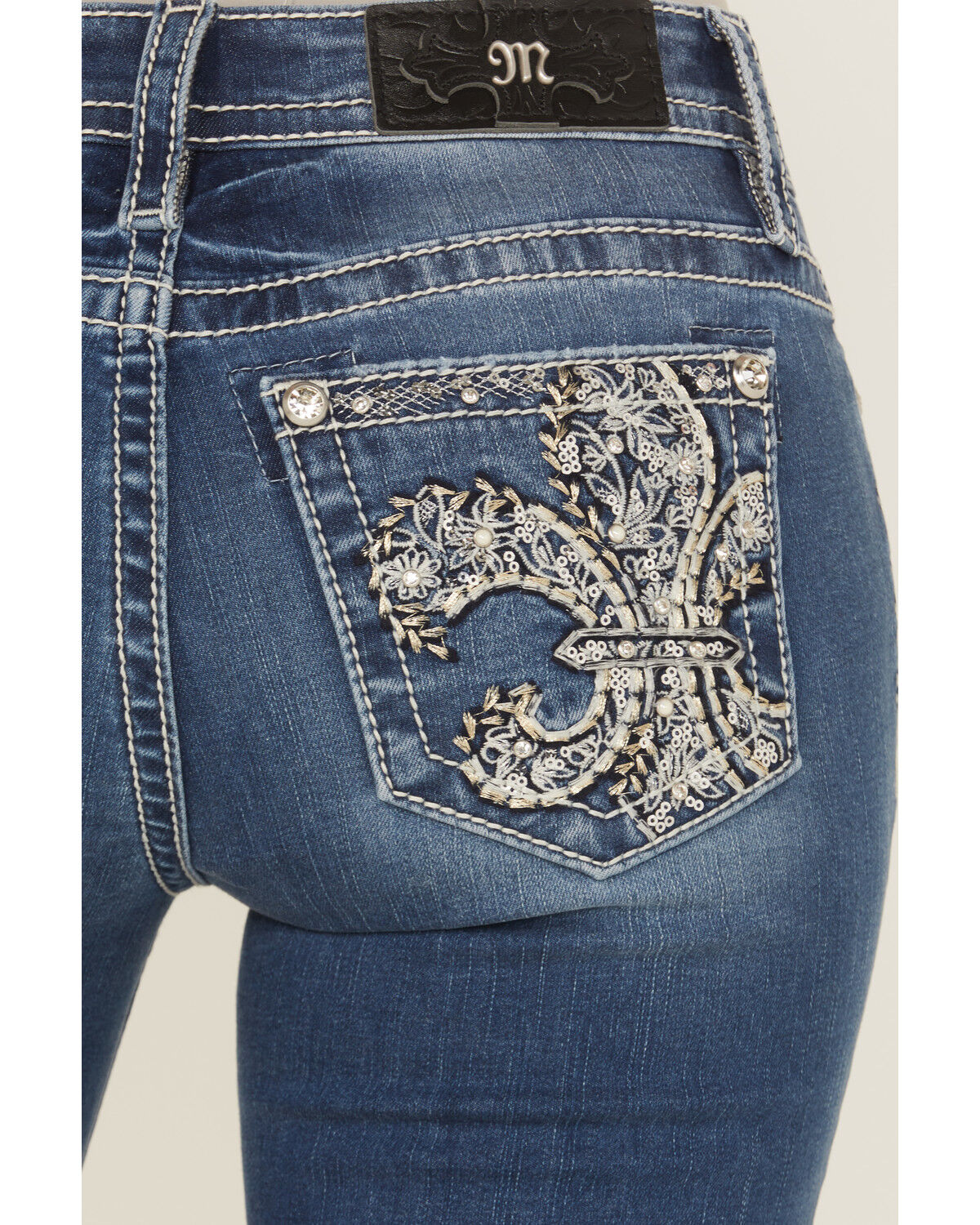 Image #2 - Miss Me Women's Medium Wash Mid Rise Fleur de Lis Pocket Bootcut Stretch Denim Jeans, Medium Wash, hi-res
