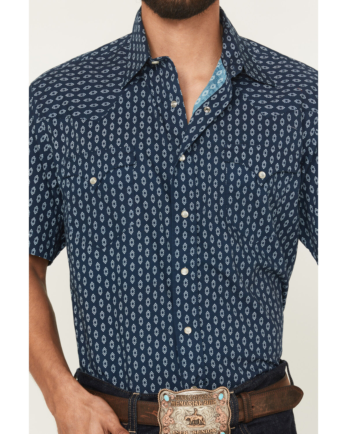 Image #3 - Roper Men's West Made Geo Print Short Sleeve Pearl Snap Western Shirt, Blue, hi-res