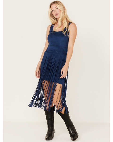 Image #2 - Idyllwind Women's Country Mannor Faux Suede Fringe Dress, Navy, hi-res