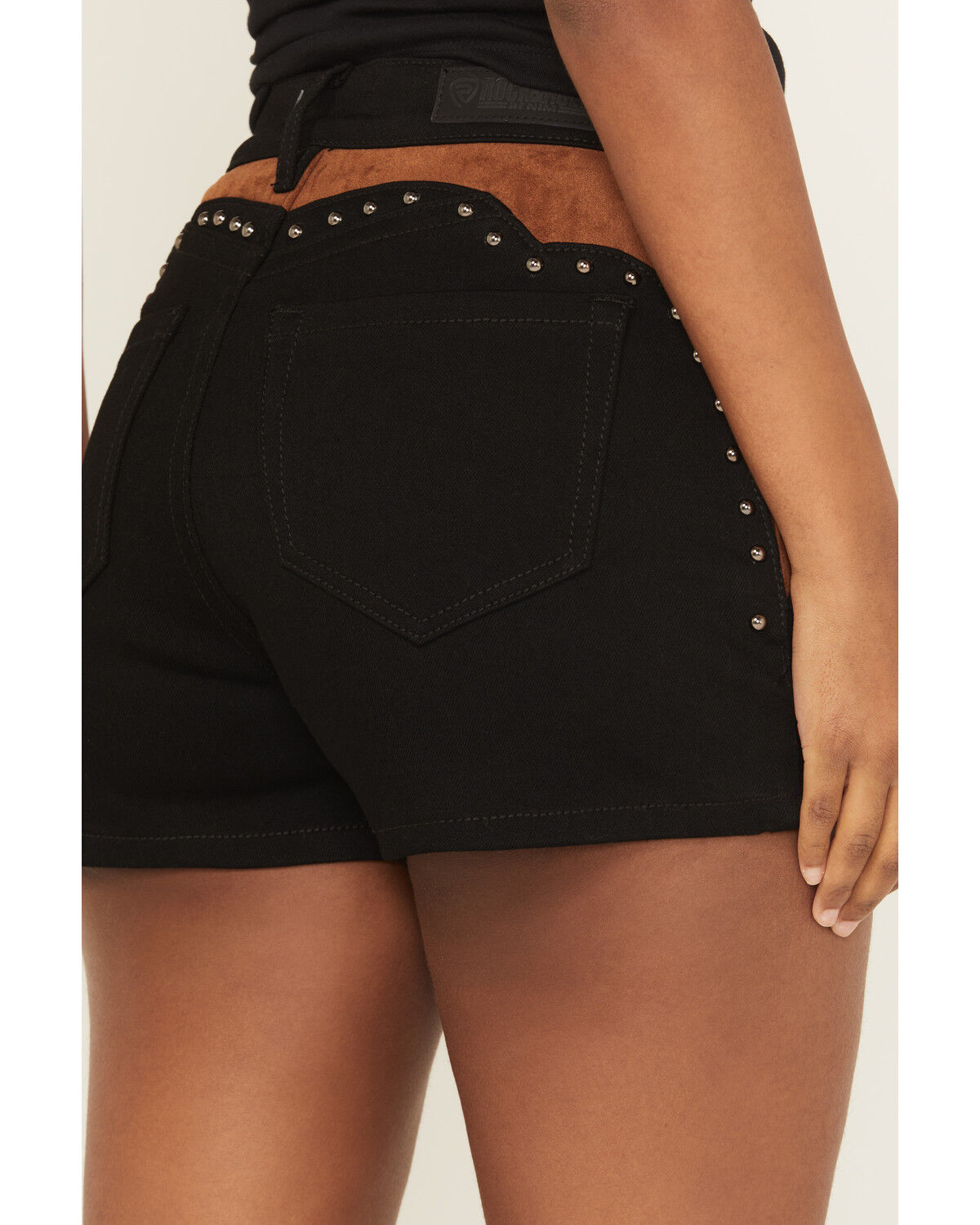 Image #4 - Rock & Roll Denim Women's Faux Suede High Rise Studded Shorts, Black, hi-res