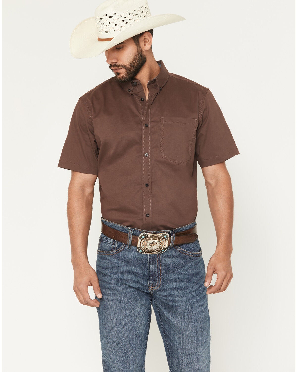 Cody James Men's Basic Twill Short Sleeve Button-Down Stretch Western Shirt, Coffee, hi-res