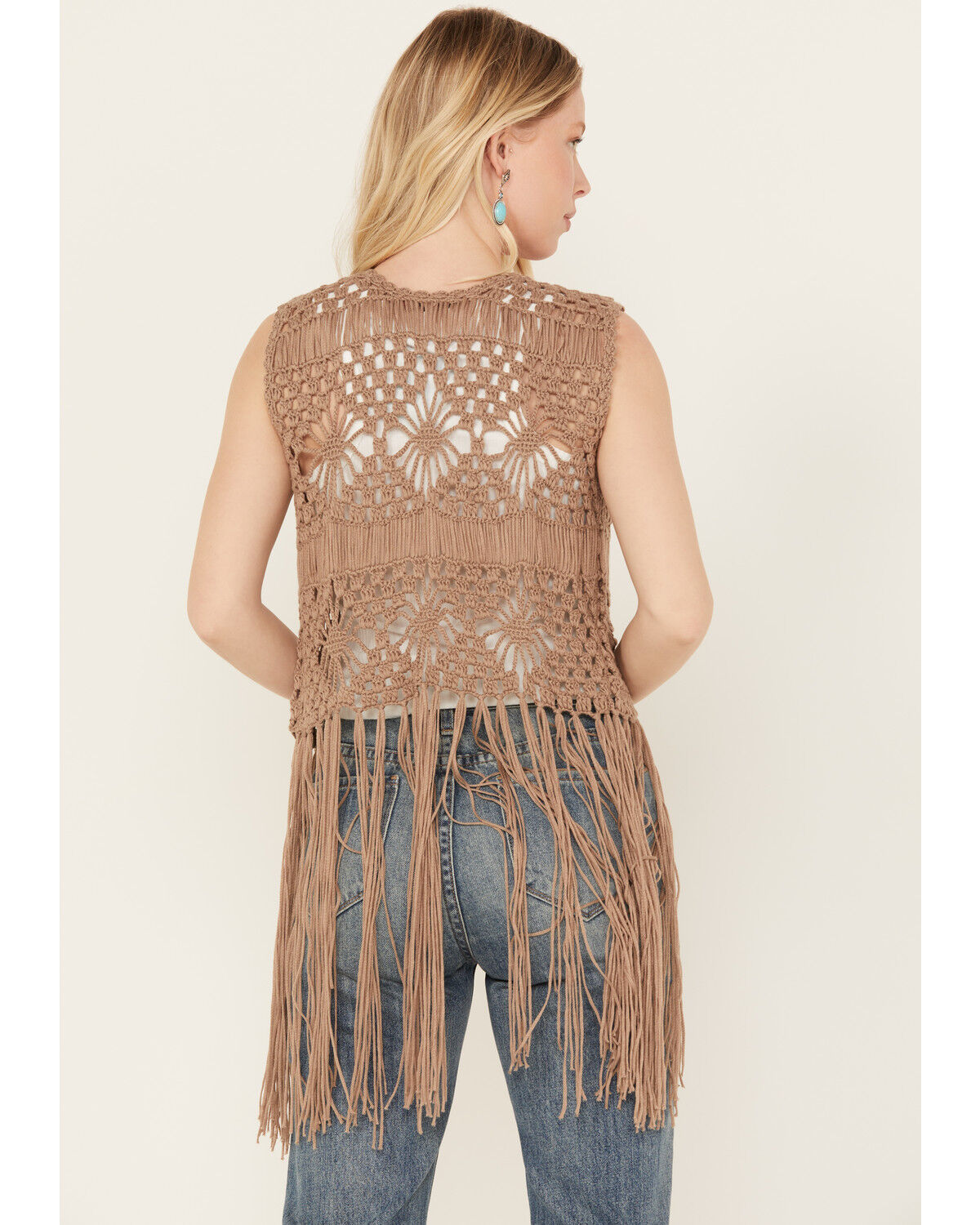 Image #4 - Rock & Roll Denim Women's Crochet Fringe Vest, Taupe, hi-res