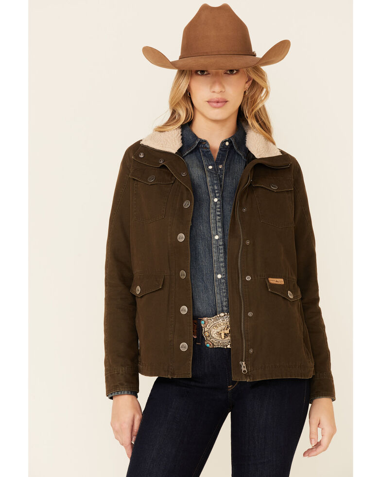 Powder River Outfitters Women's Olive Brushed Canvas Performance Snap-Front Rancher Jacket , Olive, hi-res