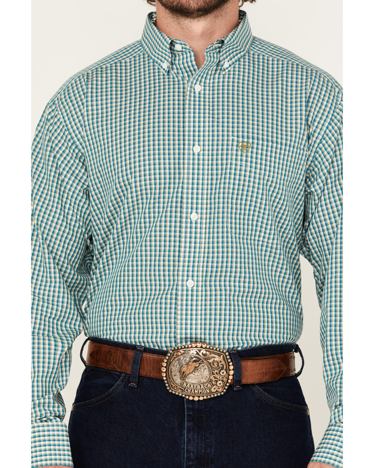 Image #3 - Ariat Men's Wrinkle Free Gus Plaid Print Long Sleeve Button-Down Western Shirt, Teal, hi-res