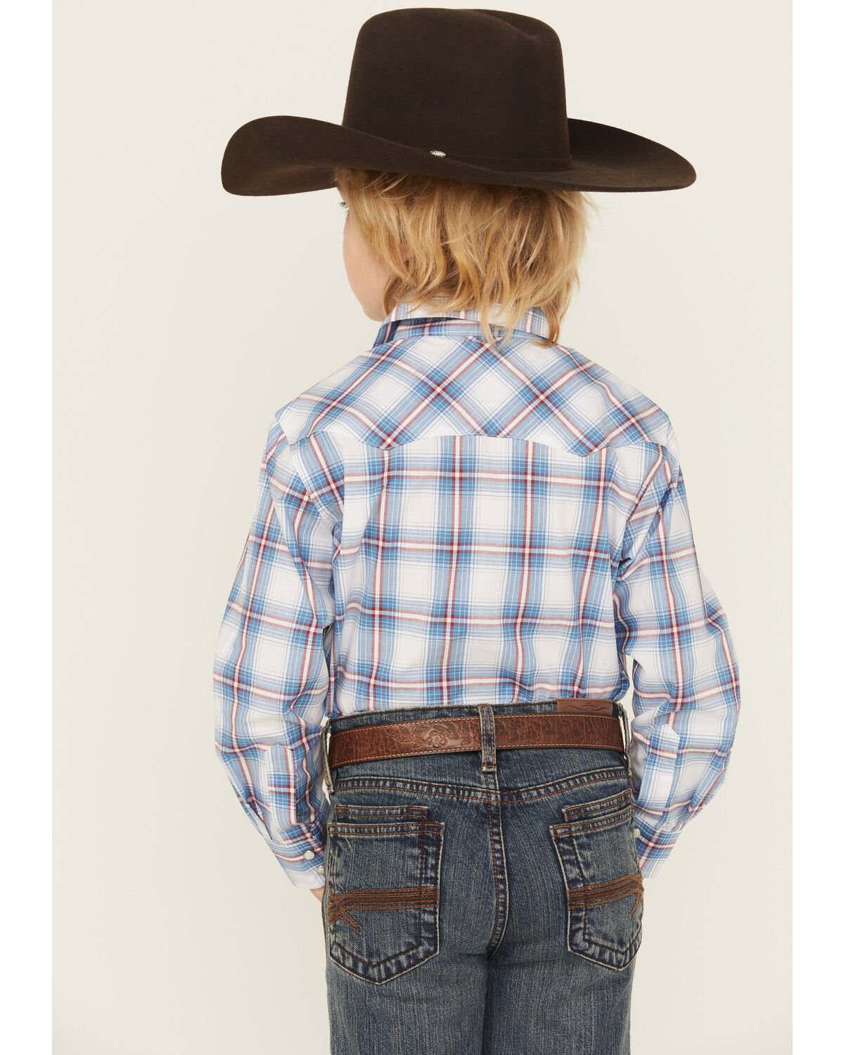 Image #4 - Wrangler Retro Boys' Plaid Print Long Sleeve Snap Western Shirt, Blue, hi-res
