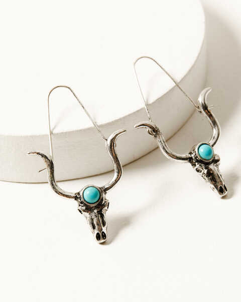 Shyanne Women's Dakota Silver & Turquoise Longhorn Hoop Earrings, Silver, hi-res