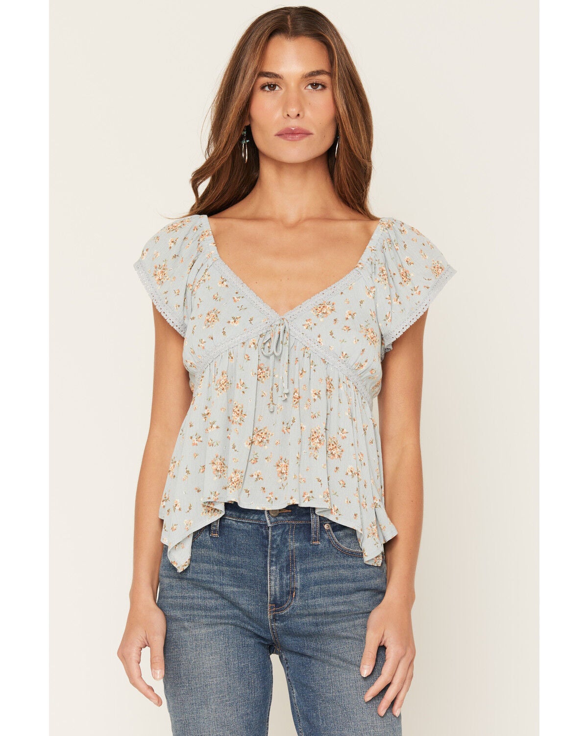 Image #1 - Wild Moss Women's Floral Print Hanky Hem Short Sleeve Top, Light Blue, hi-res