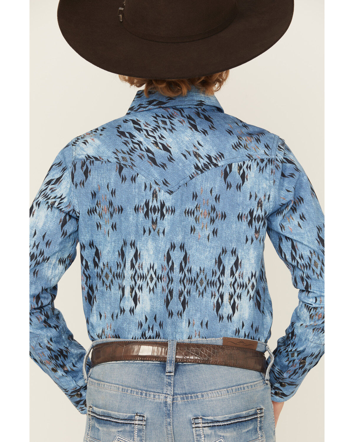 Image #4 - Cody James Boys' Maverick Southwestern Print Long Sleeve Snap Western Shirt, Blue, hi-res