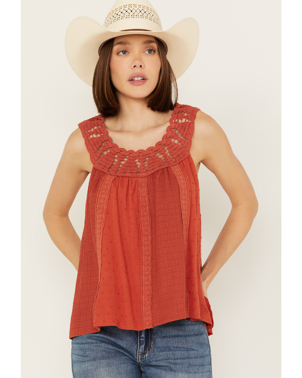 Image #1 - Miss Me Women's Crochet Neck Sleeveless Peasant Top, , hi-res