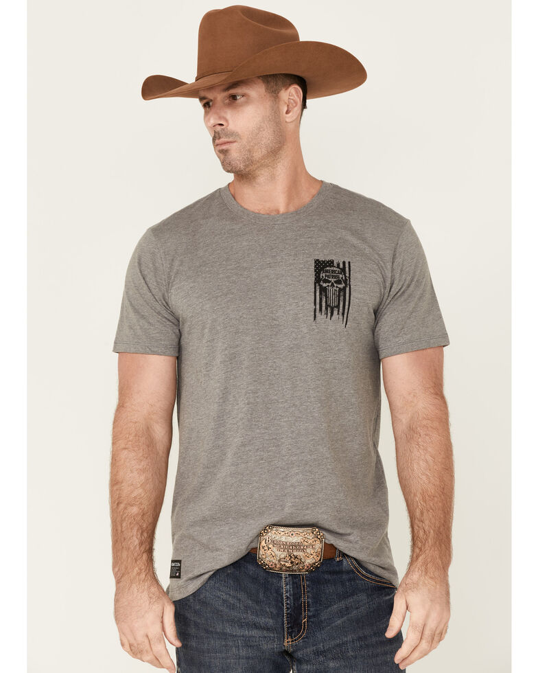 Howizter Men's Grey Smash Through Flag Skull Graphic Short Sleeve T-Shirt , Charcoal, hi-res
