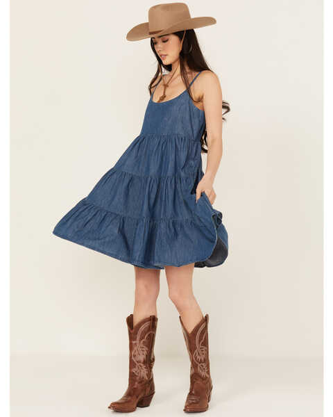 Wrangler Women's Denim Strappy Tiered Mini Dress, Blue, hi-res