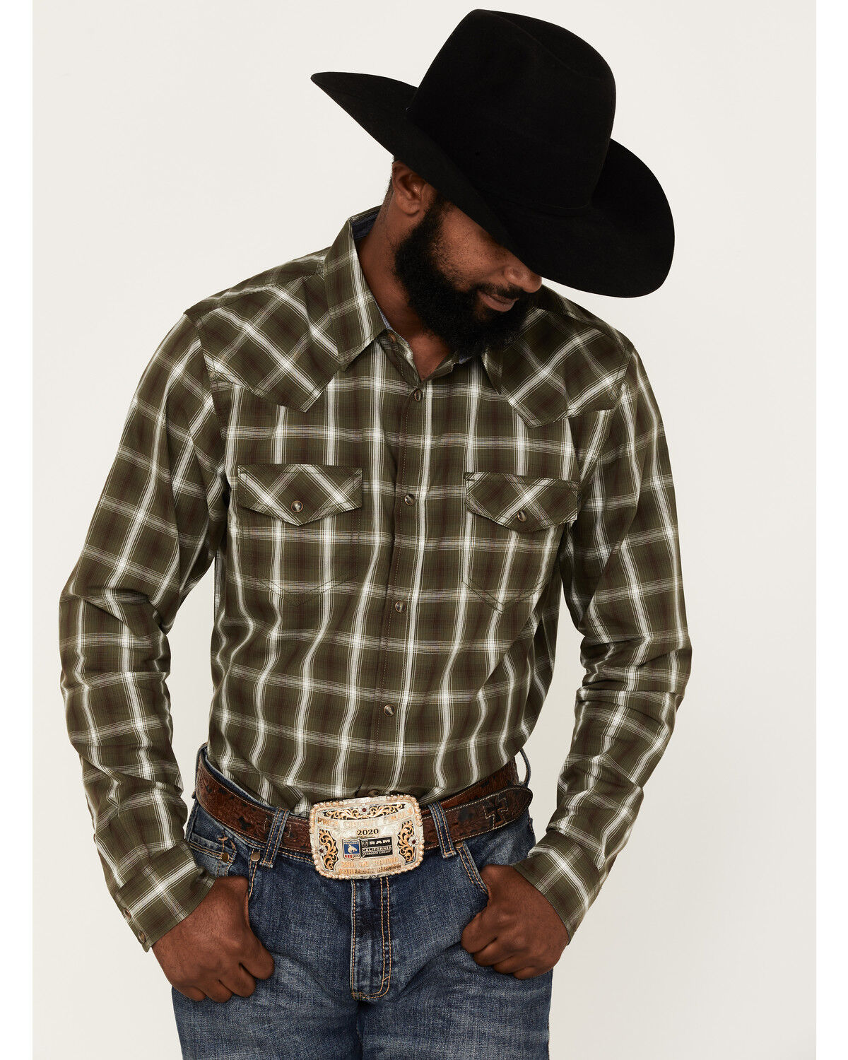 Image #1 - Cody James Men's Lost Trail Plaid Print Long Sleeve Snap Western Shirt, Olive, hi-res