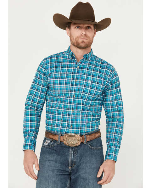 Image #1 - Ariat Men's Pro Series Krew Fitted Long Sleeve Button Down Western Shirt, Turquoise, hi-res