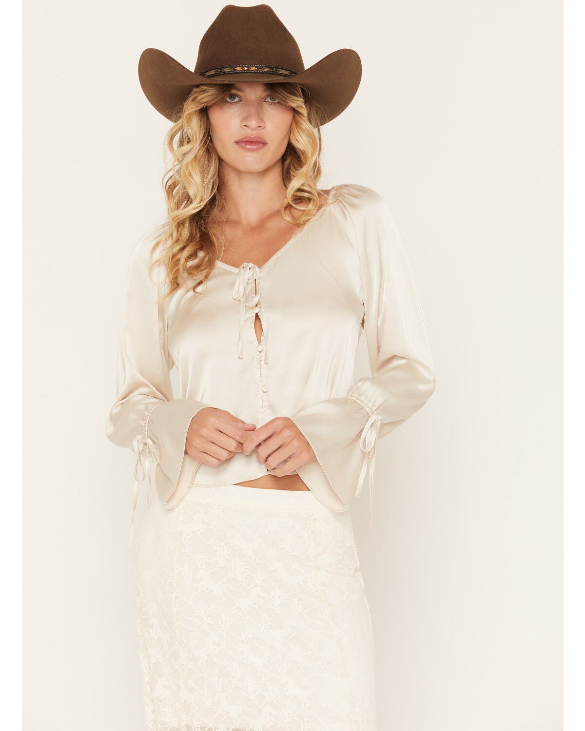 Image #1 - Shyanne Women's Latigo Satin Button-Front Long Sleeve Blouse, Natural, hi-res