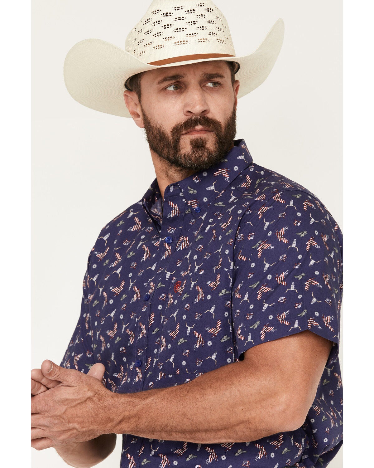 Image #2 - Ariat Men's Berne Americana Print Short Sleeve Button-Down Shirt, Blue, hi-res