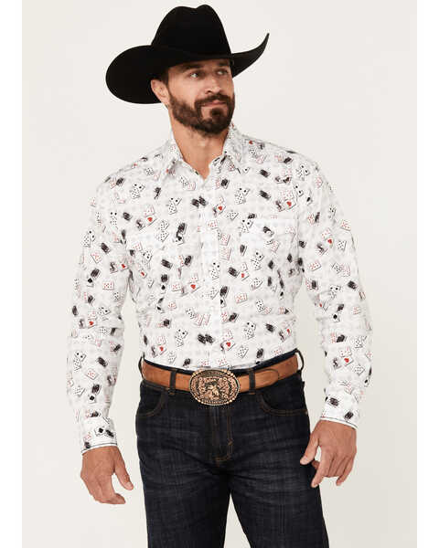 Rough Stock by Panhandle Men's Vegas Card Print Long Sleeve Pearl Snap Western Shirt, White, hi-res