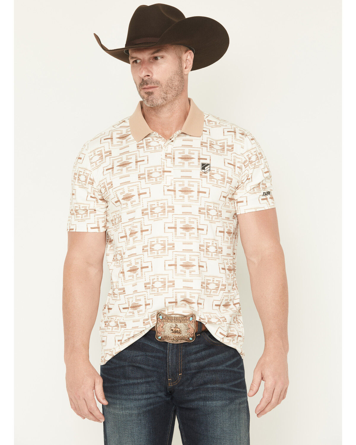 Image #1 - RANK 45® Men's Shoot All Over Southwestern Print Short Sleeve Button-Down Polo, Oatmeal, hi-res