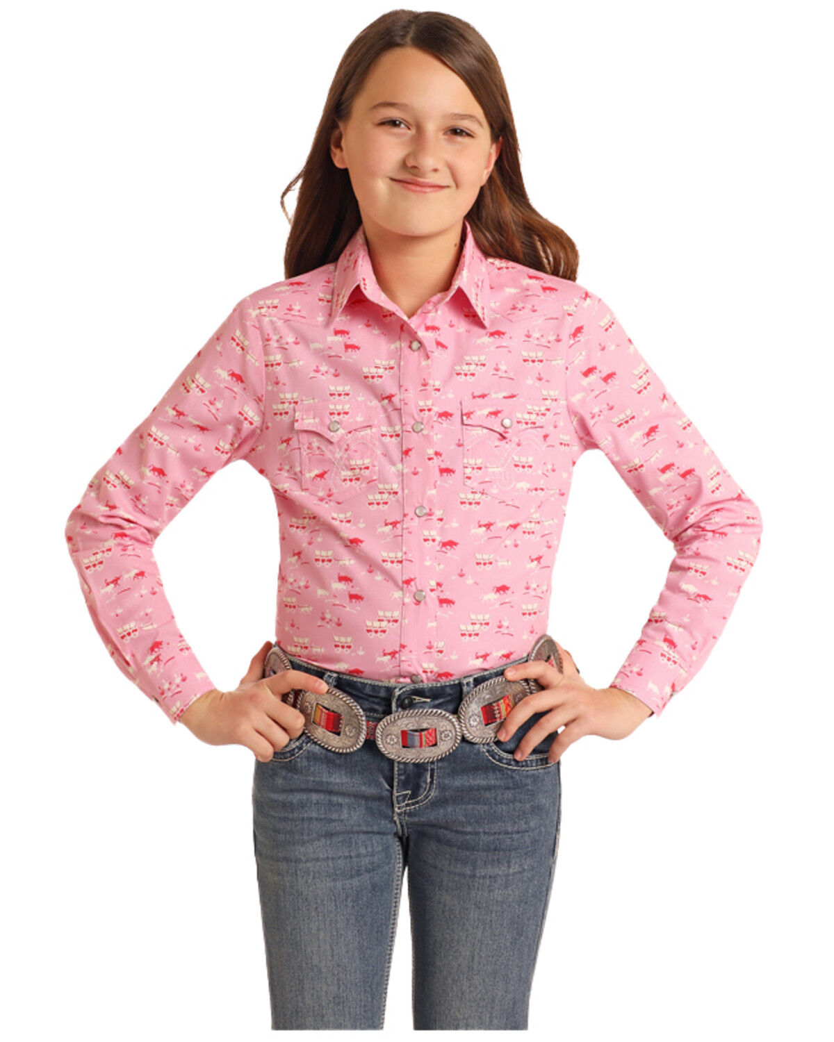 Image #1 - Panhandle Girls' Conversational Print Long Sleeve Pearl Snap Western Shirt, Pink, hi-res