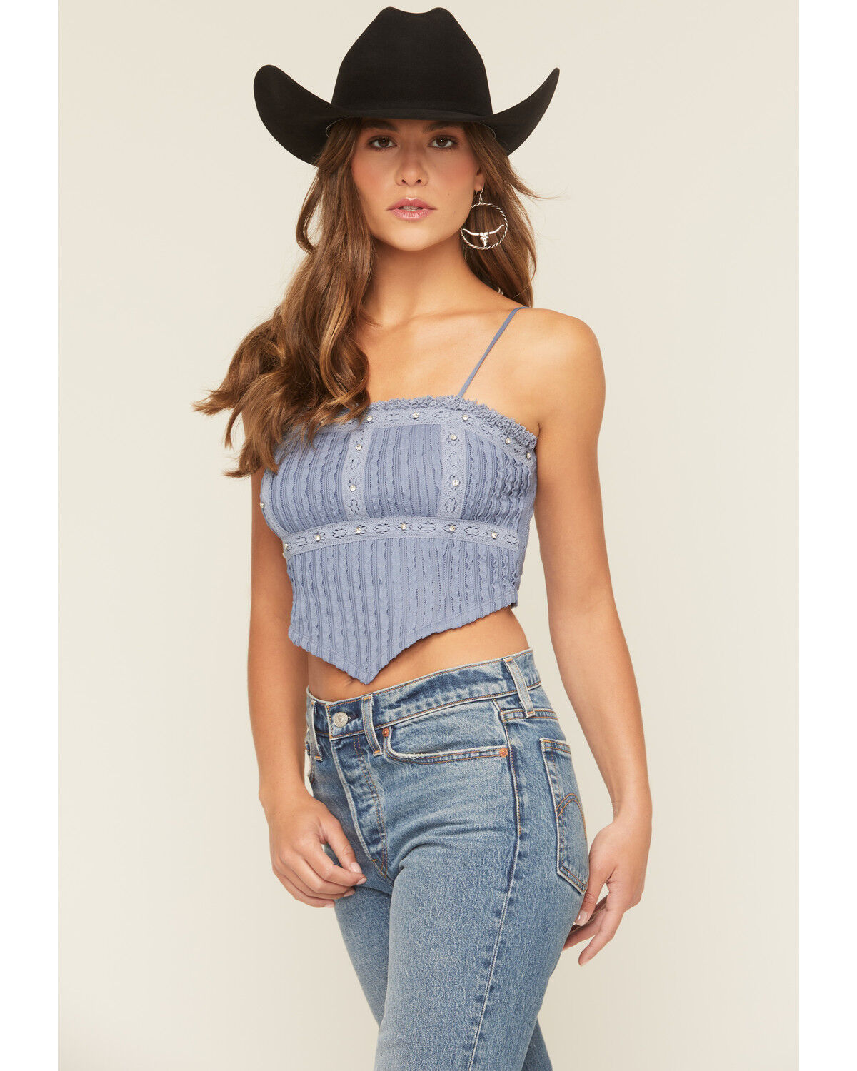 Image #1 - Miss Me Women's Studded Cropped Tank Top, Blue, hi-res