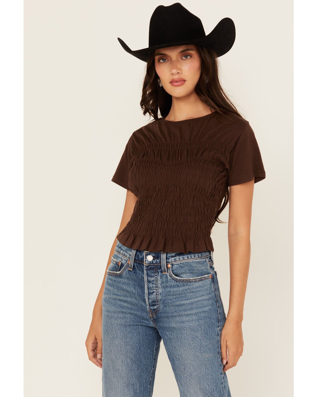 Cleo + Wolf Women's Shirred Short Sleeve Shirt, Brown, hi-res