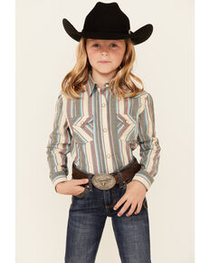 Panhandle Girls' Multi Striped Print Long Sleeve Snap Western Shirt , Multi, hi-res