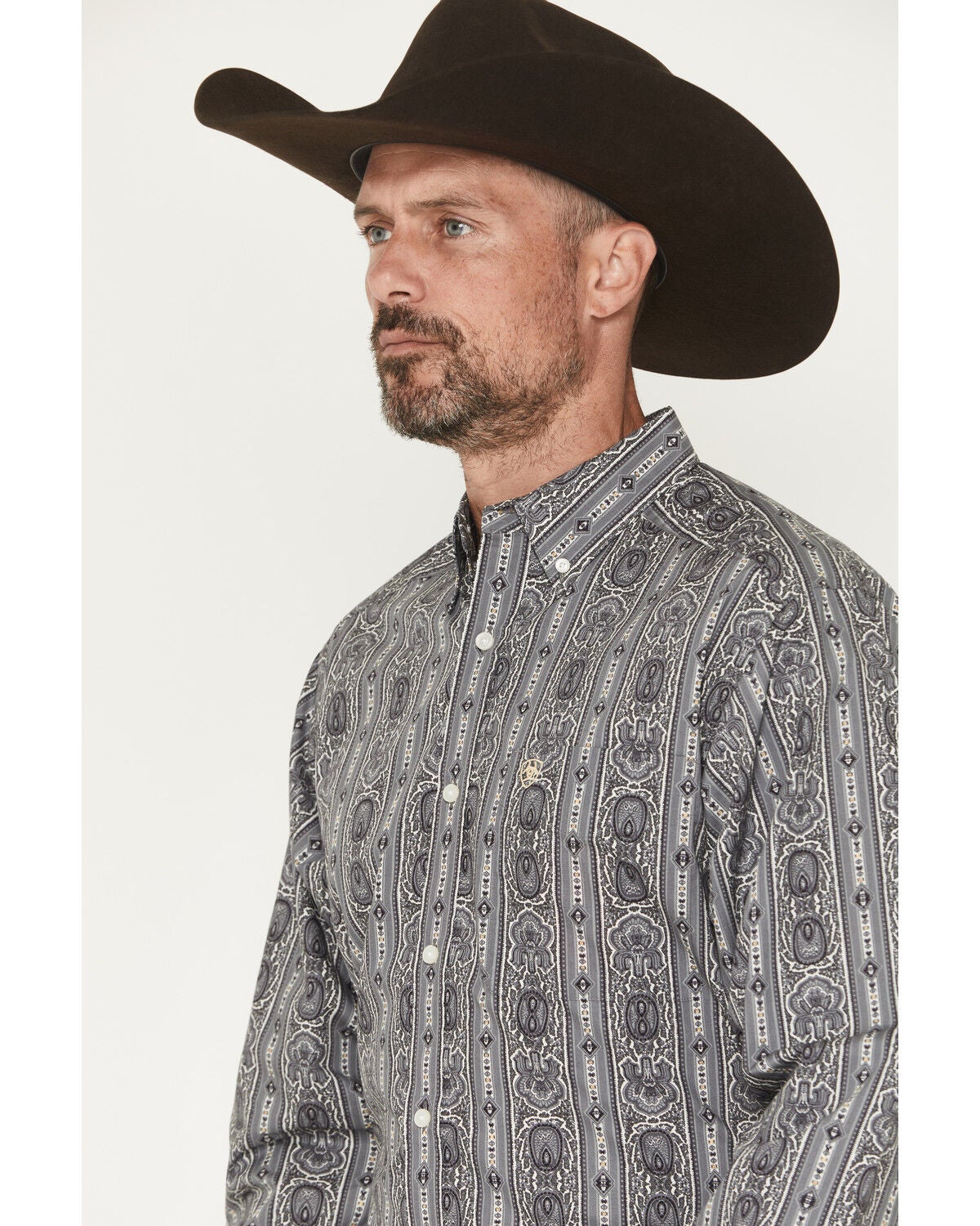 Image #2 - Ariat Men's Tatum Medallion Striped Long Sleeve Button-Down Western Shirt - Tall, Grey, hi-res