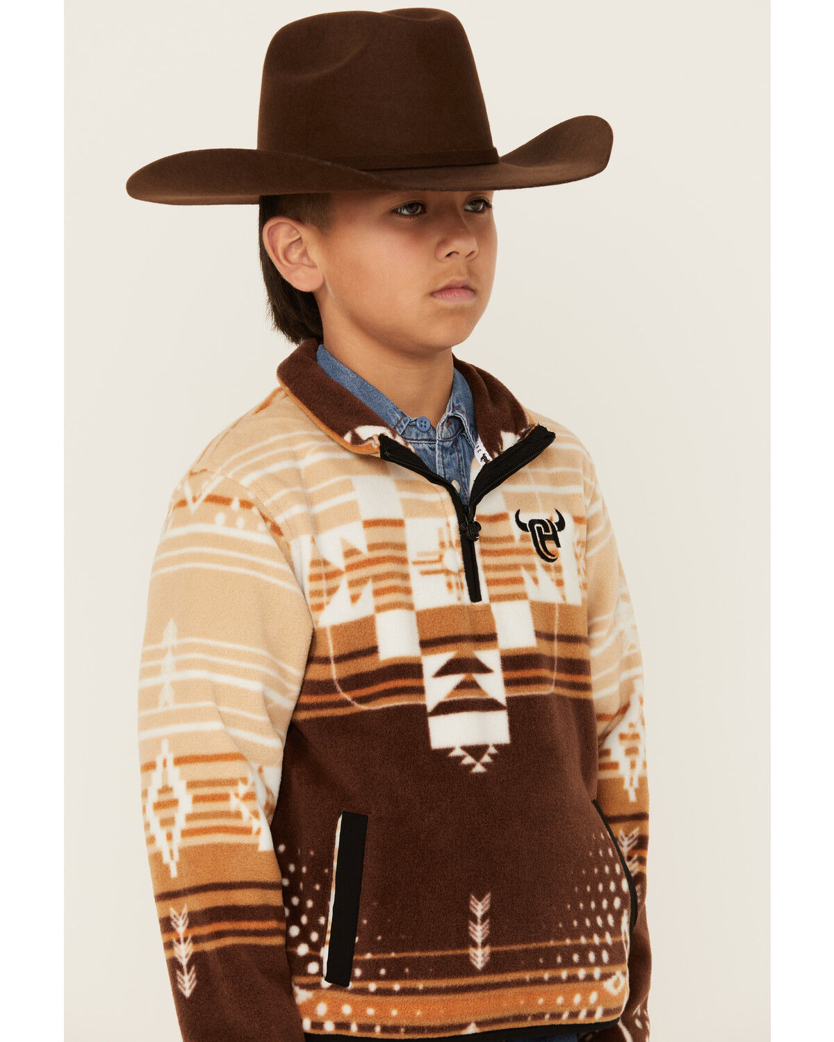 Image #2 - Cowboy Hardware Boys' Cadet Southwestern Print Polar Fleece Pullover, Brown, hi-res