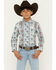 Image #1 - Wrangler Boys' Checotah Southwestern Striped Long Sleeve Pearl Snap Western Shirt, Blue, hi-res