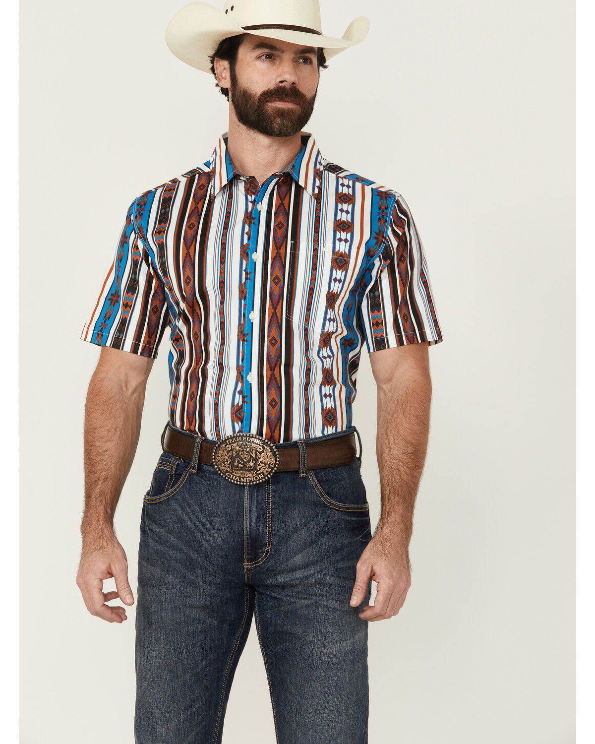 Image #1 - RANK 45® Men's Dylon Southwestern Striped Print Short Sleeve Button-Down Stretch Western Shirt, Multi, hi-res