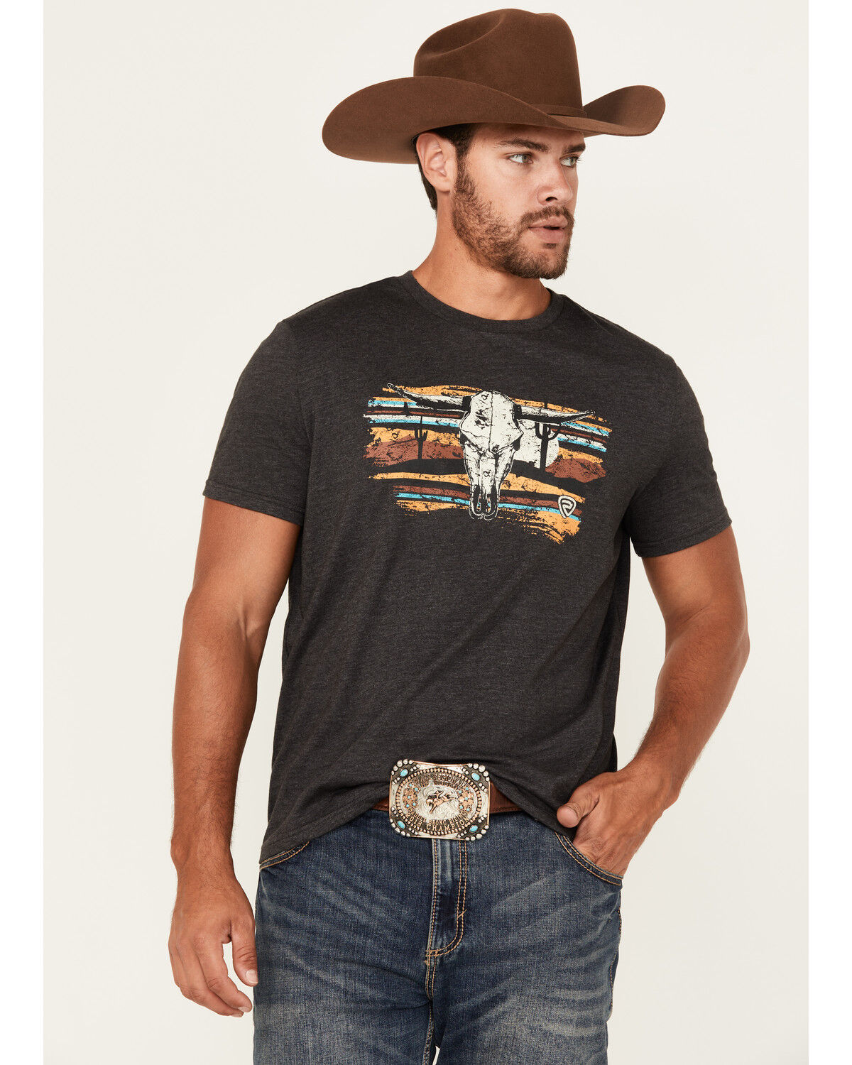 Image #1 - Rock & Roll Denim Men's Long Horn Short Sleeve Graphic T-Shirt, Charcoal, hi-res