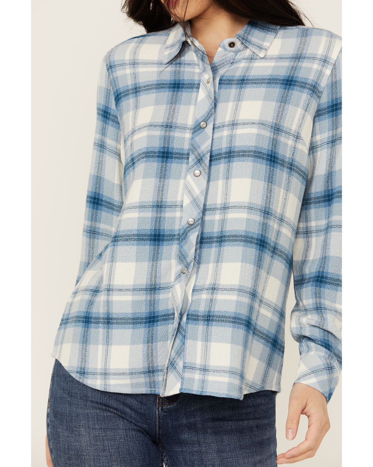 Image #3 - Idyllwind Women's Viola Plaid Print Long Sleeve Pearl Snap Western Shirt, Indigo, hi-res