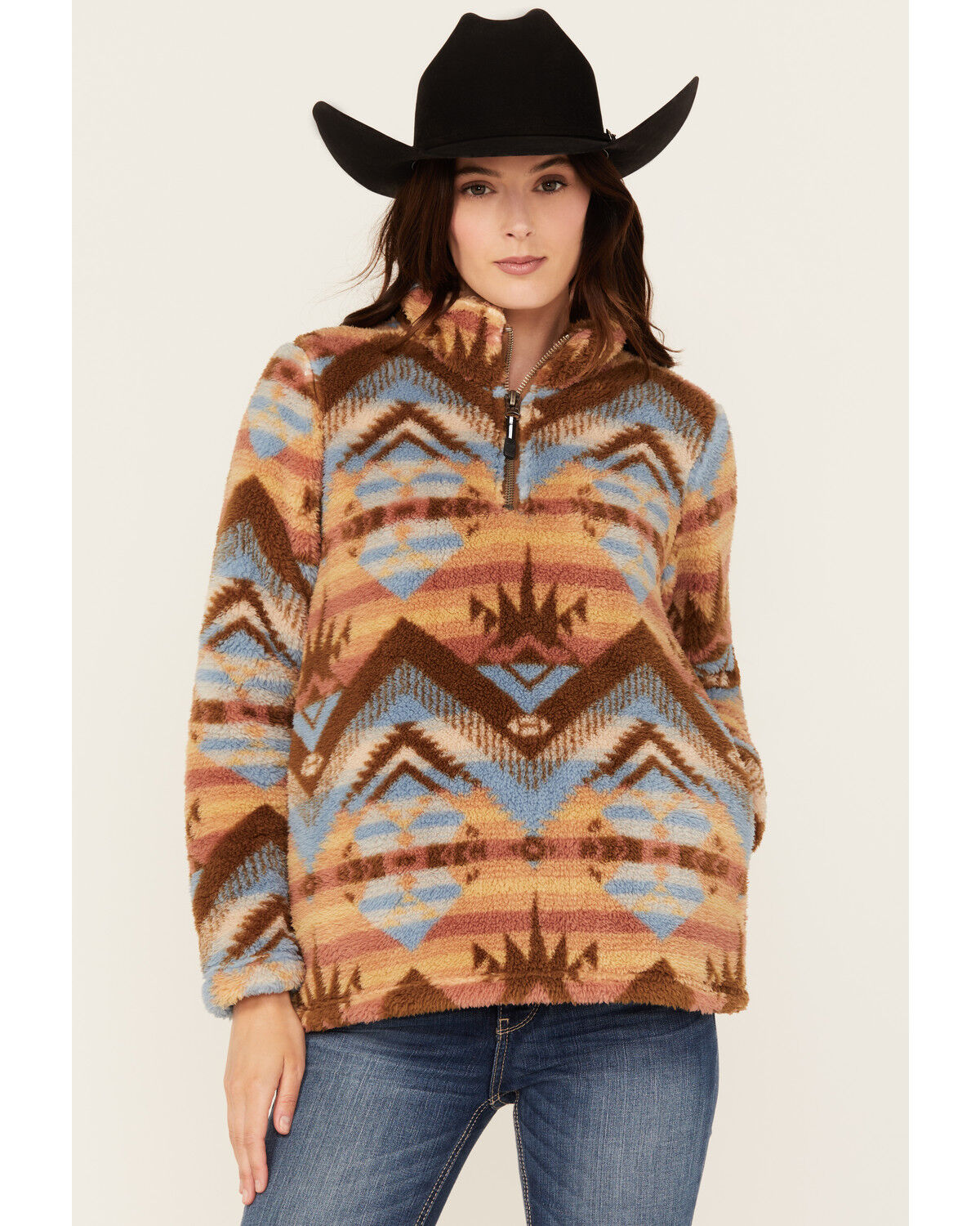 Image #1 - Roper Women's Southwestern Print Sherpa 1/4 Zip Pullover, Beige, hi-res